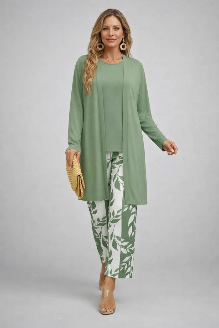 Versatile women's elegant 3-piece set. Features a stylish blazer, comfortable top & tailored trousers.