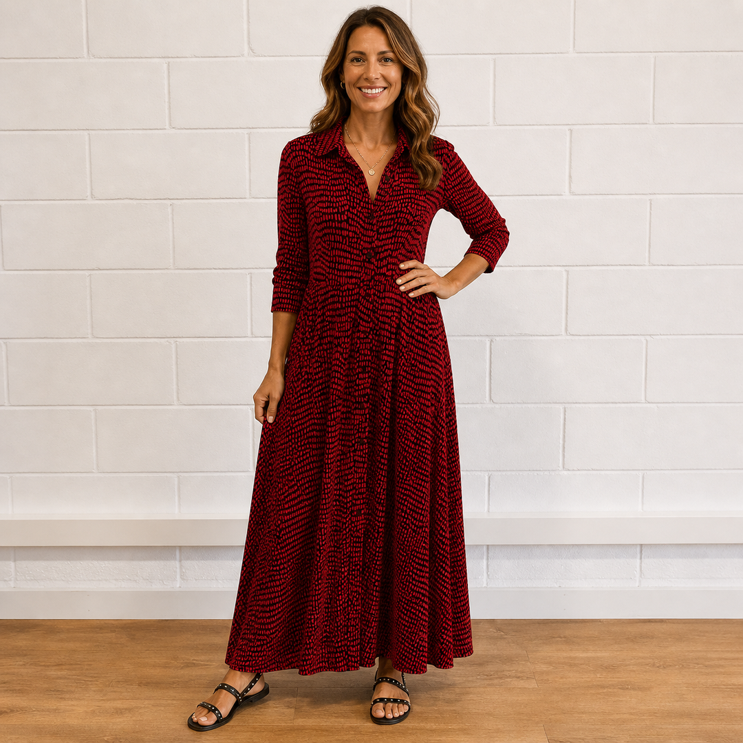Stylish women's printed maxi dress, button-front with long sleeves. Perfect for everyday style, summer, or vacation.
