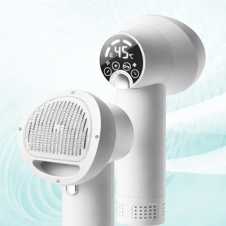 Handheld pet grooming dryer with ergonomic design, gentle brush, and quiet motor for efficient dog & cat care.