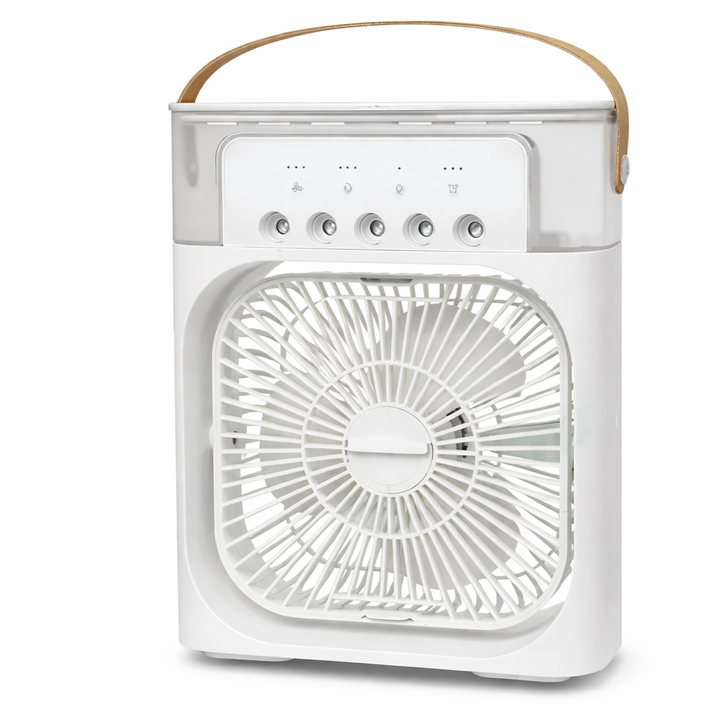 Tavvitaimp18 portable 3-in-1 air cooler, fan, humidifier with LED light. Ideal for desk, home, travel.