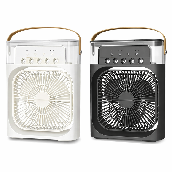 Versatile 3-in-1 personal cooling fan, humidifier, and ambient LED light. Perfect for any desk or room.