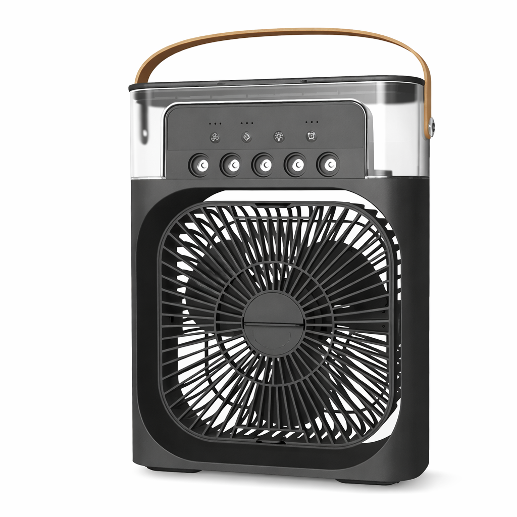 USB-powered mini air cooler, fan & humidifier. Compact for travel, desk, or bedside with gentle LED glow.