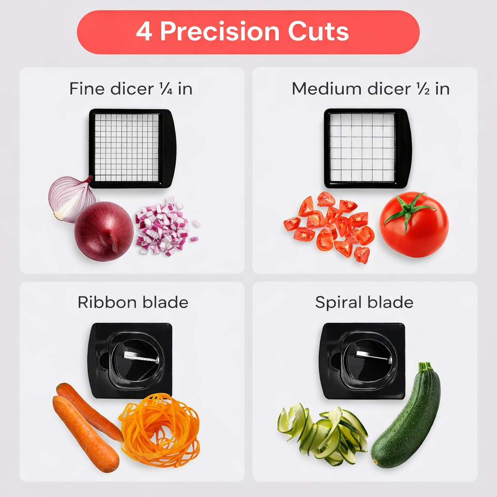 Close-up of a kitchen vegetable chopper & spiralizer, showing its sharp stainless steel blades for precise cutting.