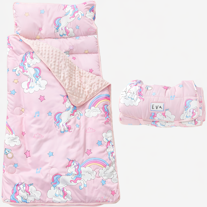 Toddler nap mat with integrated pillow & blanket. Ideal for preschool, daycare, & travel comfort.
