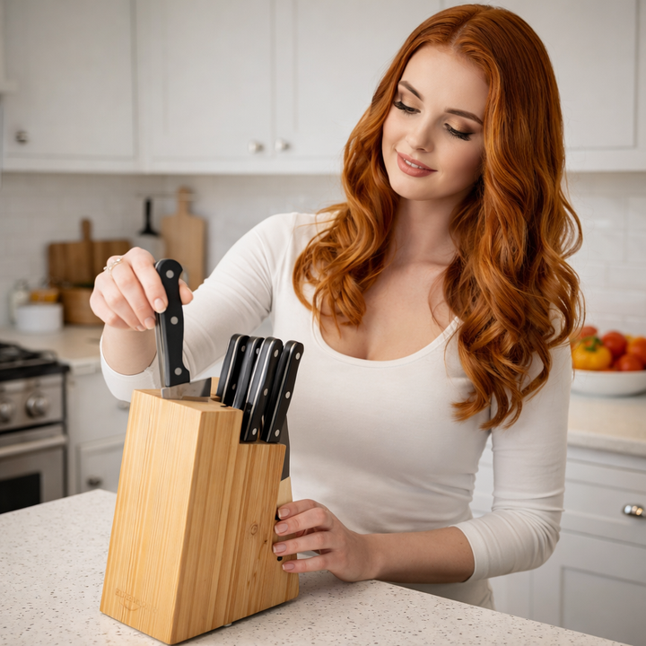 Stainless steel chef knives & cutlery from a 14-piece high carbon kitchen knife set for diverse cooking tasks.