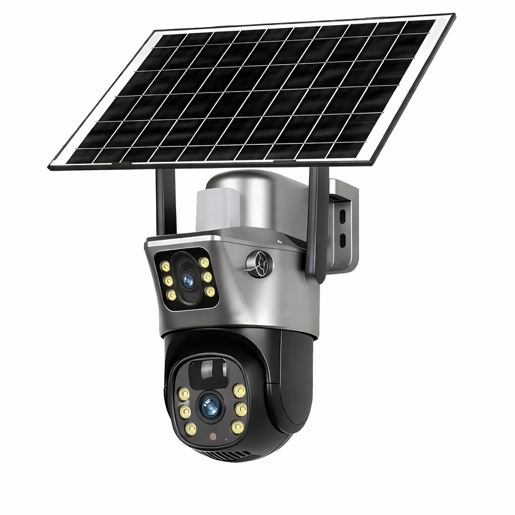 Tavvitaimp18 8MP Dual Lens Solar Outdoor Security Camera with WiFi & 4G for wireless home surveillance.