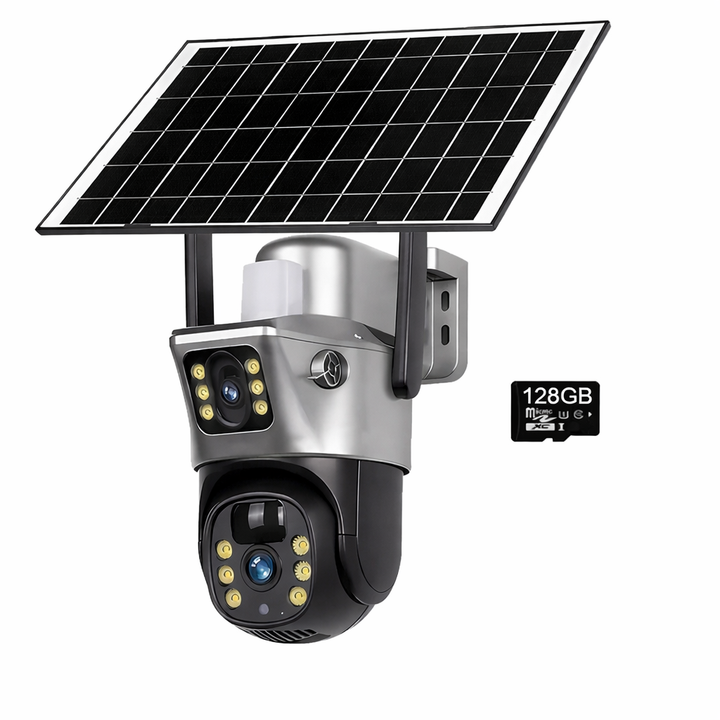 Self-sufficient solar outdoor security camera with dual lens 8MP, 4G, WiFi, motion detection & night vision.