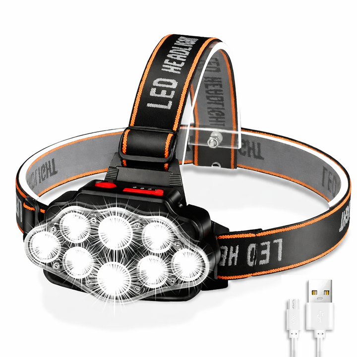 Unisex rechargeable LED headlamp for hands-free outdoor use. Bright light for camping, hiking, fishing.