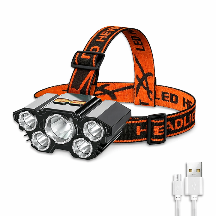 Adjustable rechargeable LED headlamp for hands-free illumination during nighttime fishing, camping, and hiking. Essential gear.