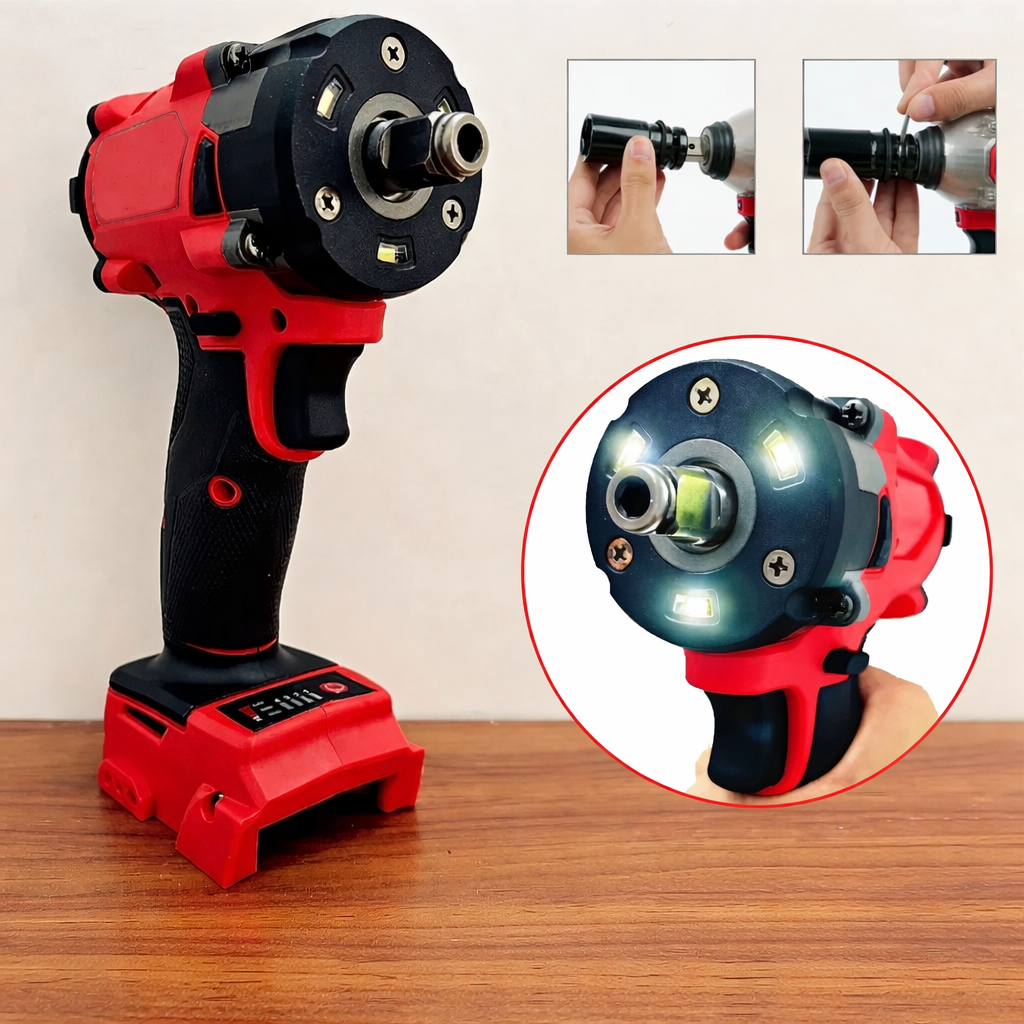 Cordless impact wrench with 370 ft-lb torque, adjustable speed, and brushless motor for automotive & DIY tasks.
