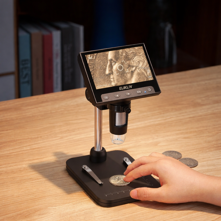 Compact 1000X digital microscope with built-in LED display for electronics inspection & hobby use.