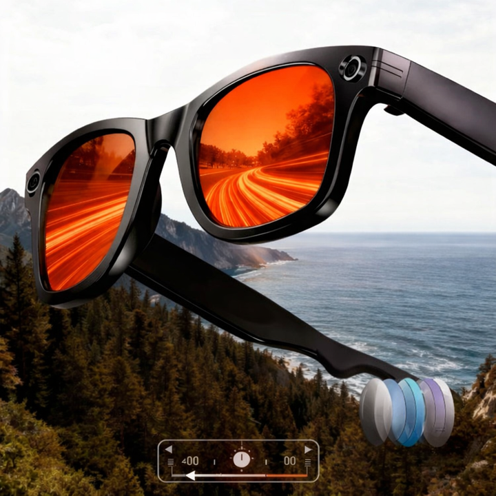 Tavvitaimp18 smart glasses with camera, Bluetooth audio, voice assistant & adaptive photochromic lenses.