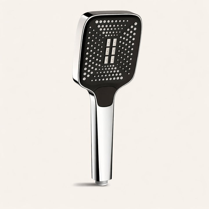 Silver universal rainfall shower head with 3 adjustable spray settings for a spa-like comfort.