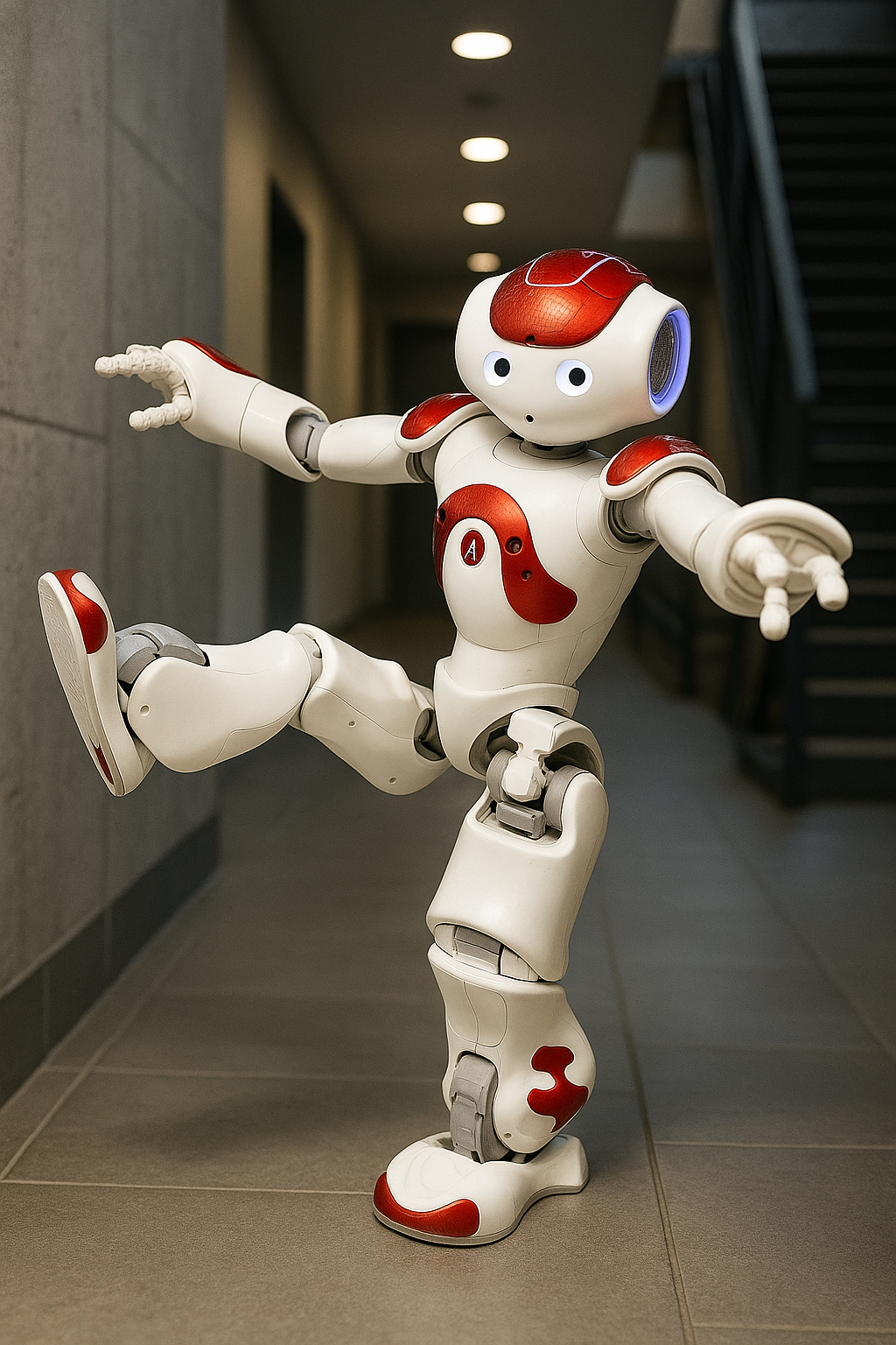 Close-up of AI companion robot's futuristic design elements. Smart home multi-language intelligent assistant device.
