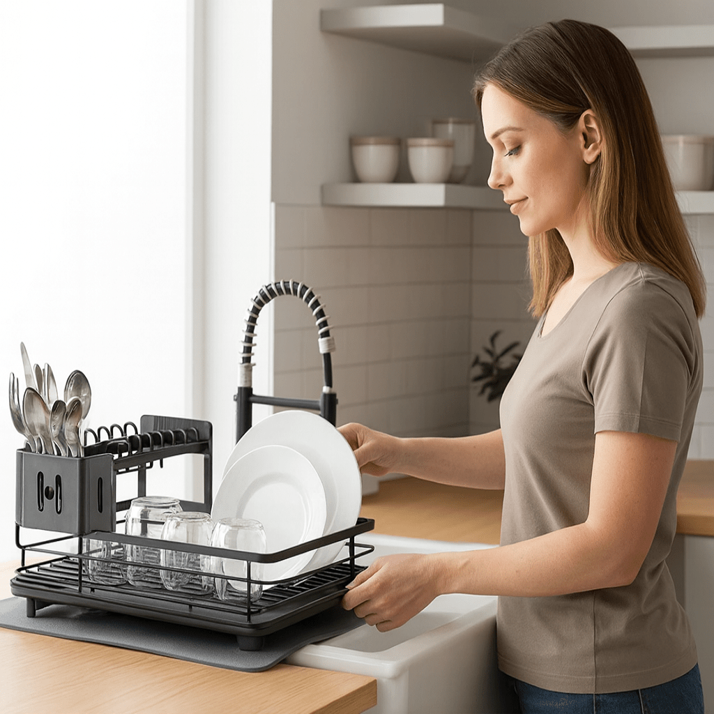 Stainless steel foldable dish rack, excellent for drying plates, bowls, and cutlery, essential kitchen storage solution.