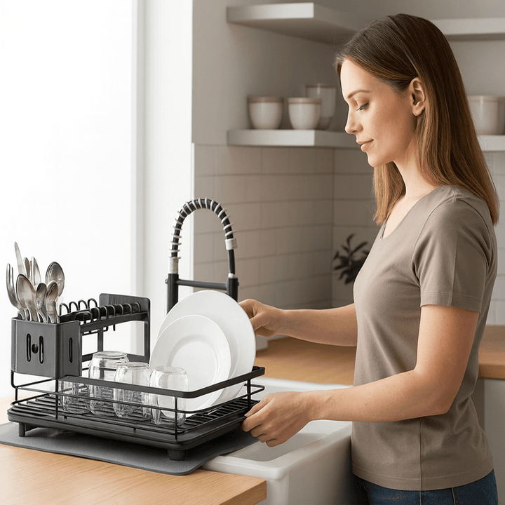 Stainless steel foldable dish rack, excellent for drying plates, bowls, and cutlery, essential kitchen storage solution.