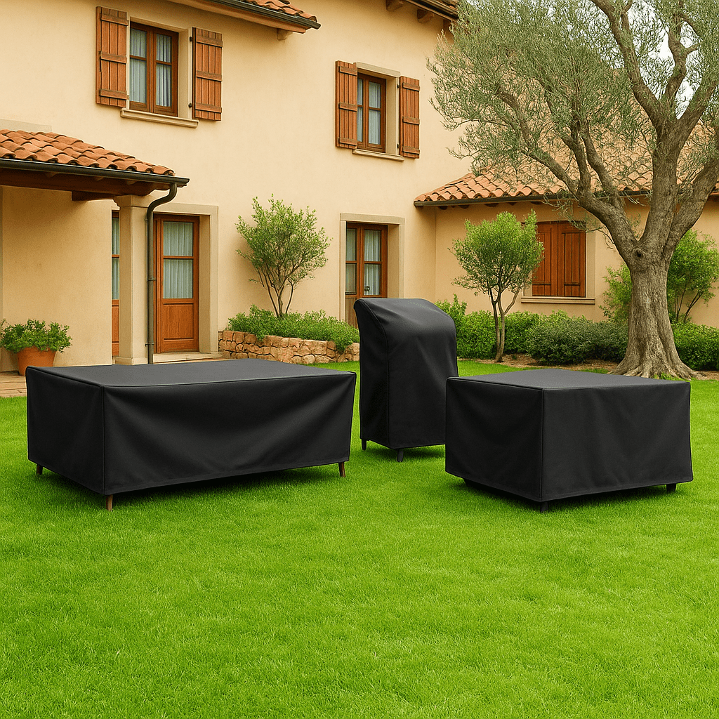 Polyester outdoor furniture cover provides weatherproof, UV-resistant protection for garden and patio furniture.