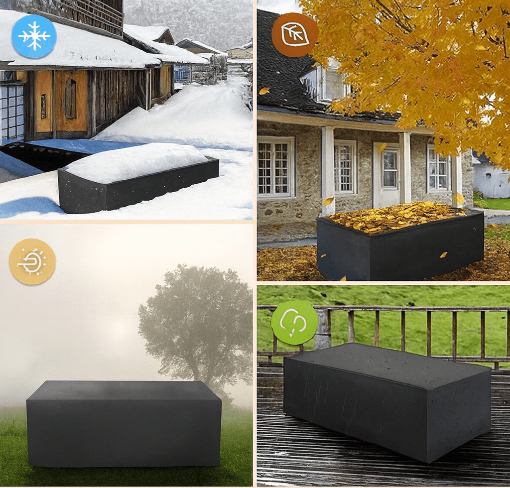 Weatherproof outdoor furniture cover for patio sets. UV-resistant, water-repellent, durable polyester protection.
