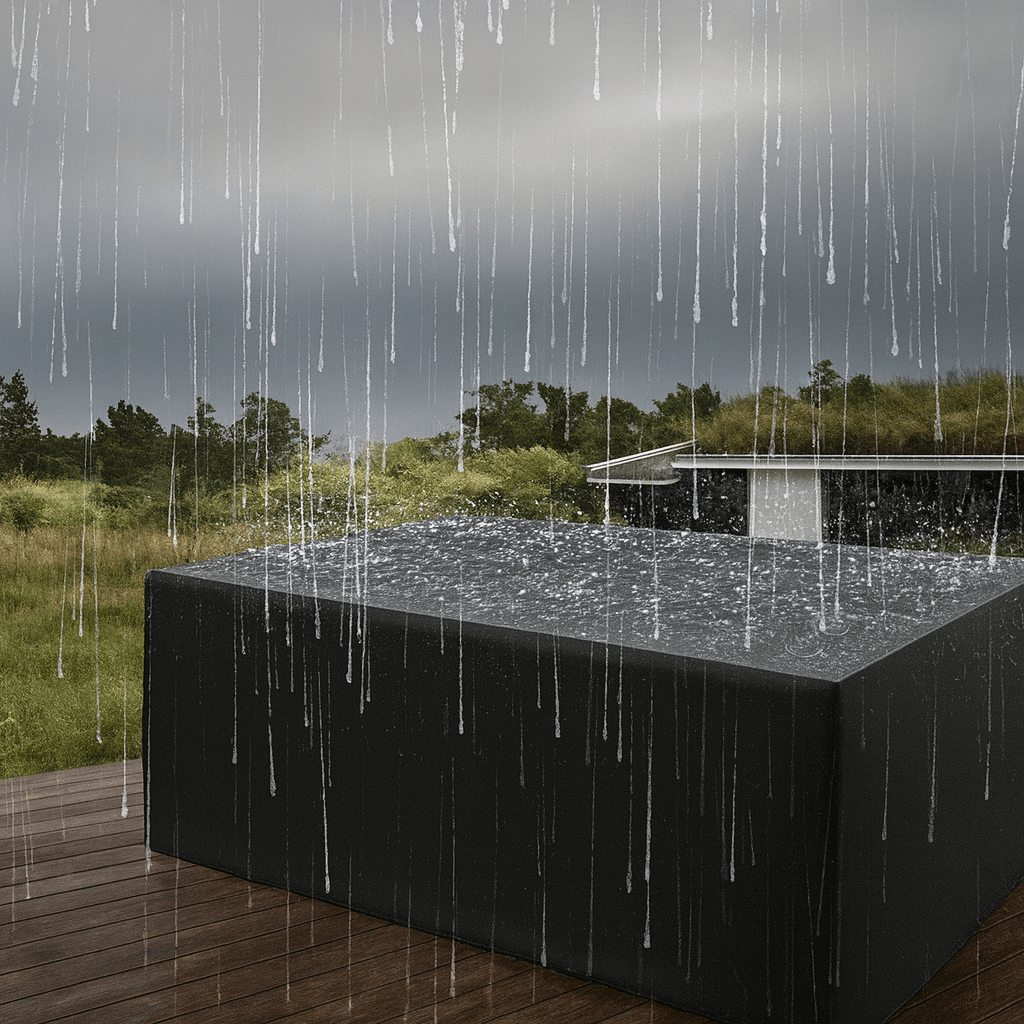 Garden furniture cover, polyester, offers robust all-weather protection, UV-resistant, water-repellent for outdoor living.