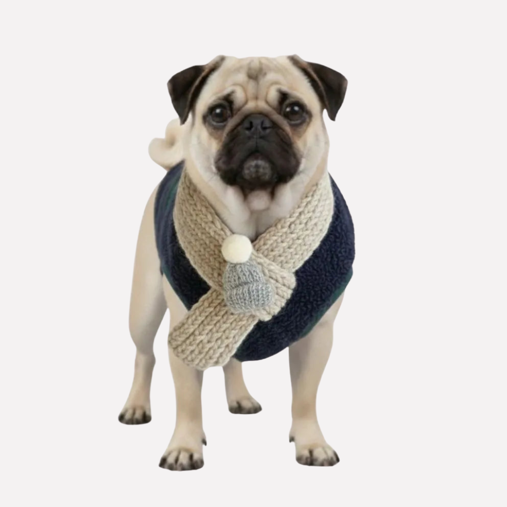 Stylish plaid dog jacket & scarf set. Comfortable, warm winter pet apparel for cozy dog walks.
