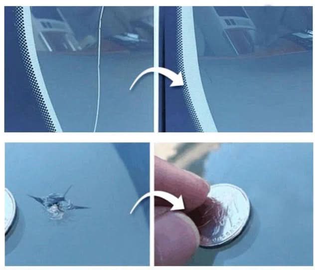 Auto glass repair kit with resin, injector, & curing strips for effective windshield crack & chip repair.