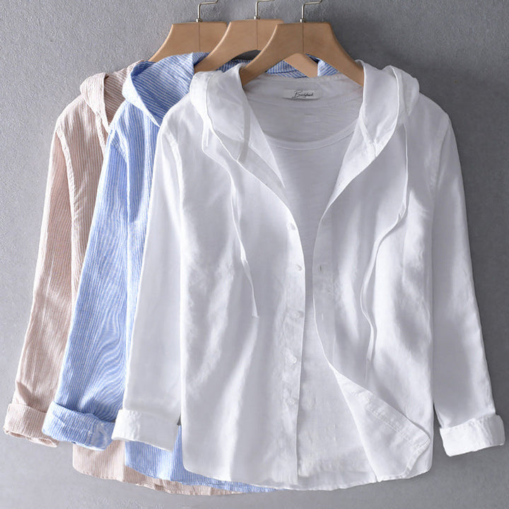Women's elegant breezy long-sleeve blouse, loose fit hooded top for comfortable summer casual wear.