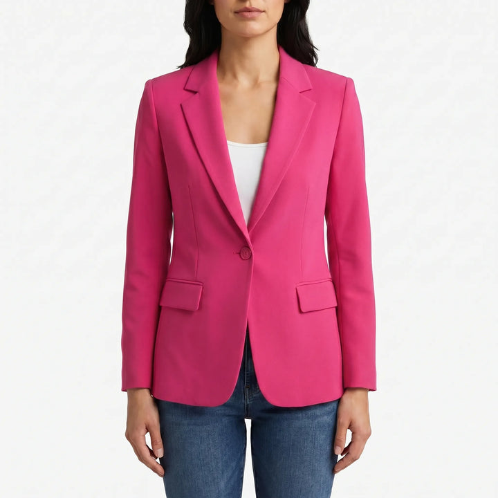 Chic women's tailored single-button blazer for business meetings and professional office wear. A classic.