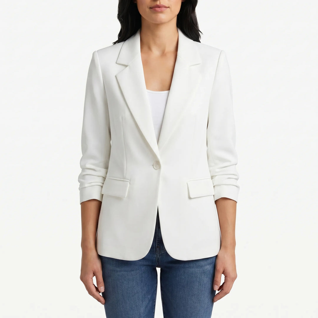 Elegant tailored women's blazer featuring a single-button closure for a sleek, professional business look.
