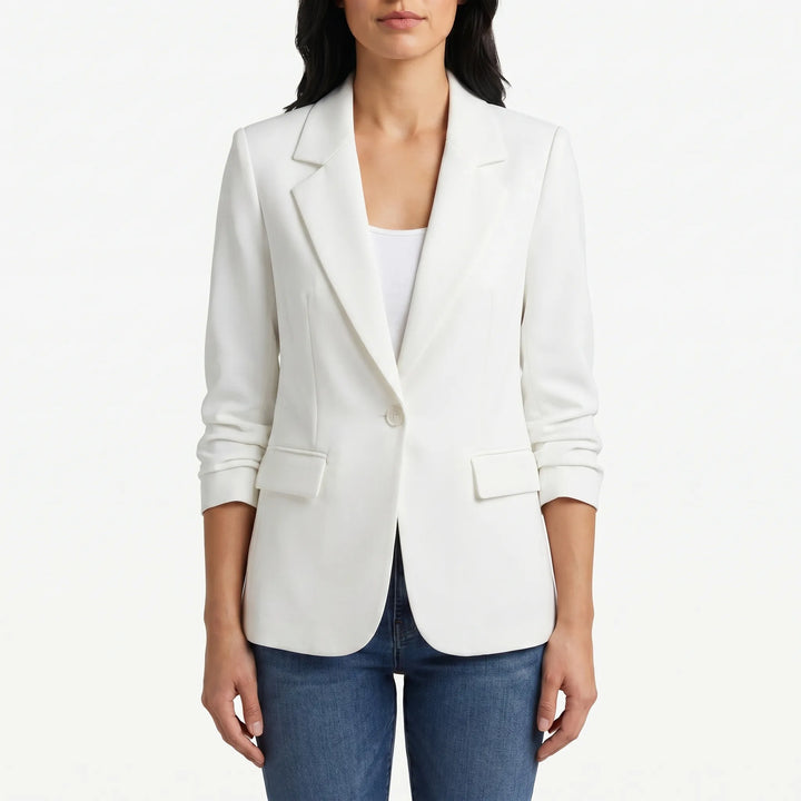 Elegant tailored women's blazer featuring a single-button closure for a sleek, professional business look.
