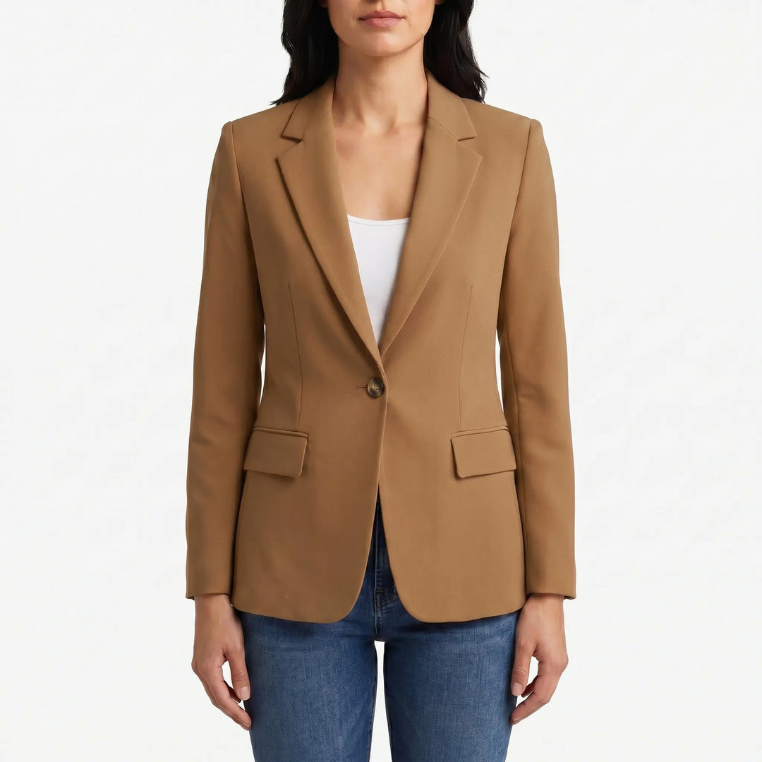 Sophisticated women's tailored blazer, a long sleeve classic jacket designed for professional business attire.