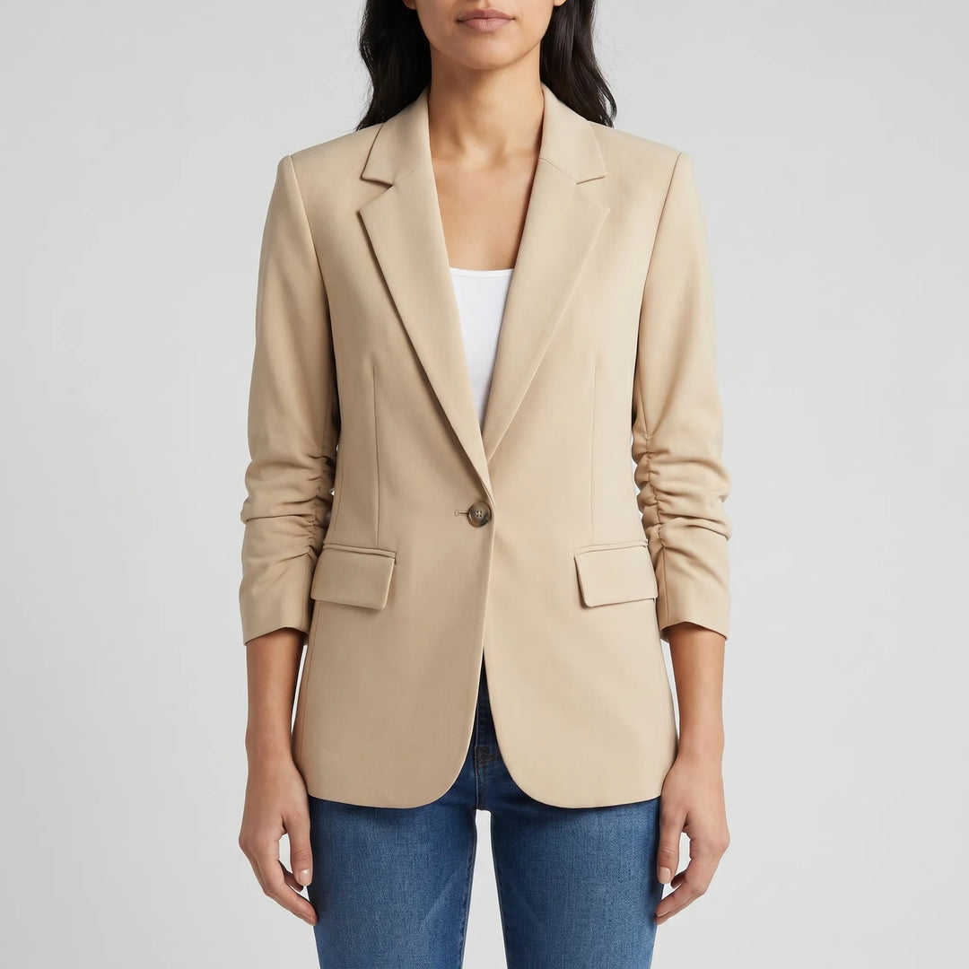 Versatile single-button women's blazer, offering a professional and stylish tailored fit for any occasion.