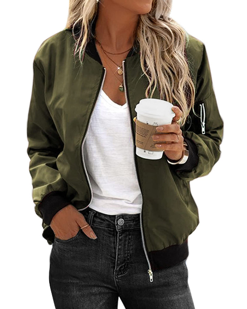 Black women's classic bomber jacket, a stylish zip-up for versatile casual spring & fall outerwear.