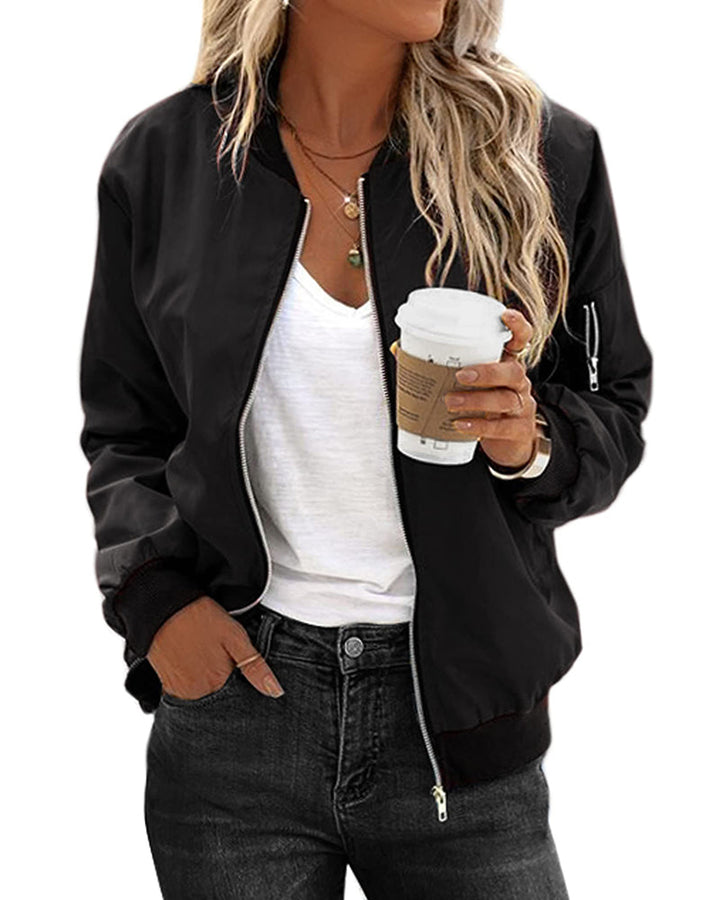 Women's classic zip-up bomber jacket, perfect for effortless everyday style, versatile spring & fall outerwear.