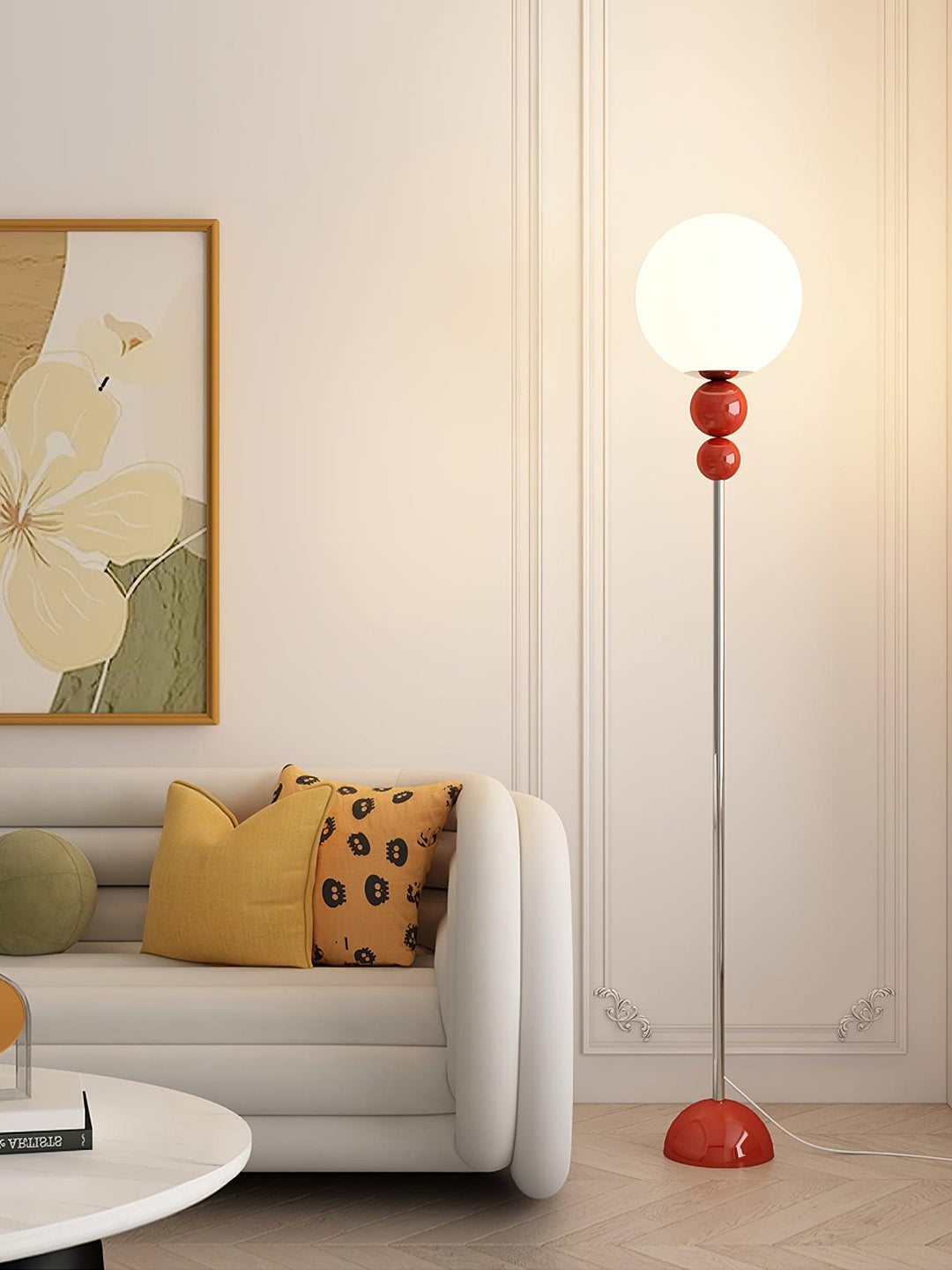 Sleek modern metal & glass floor lamp, an aesthetic addition to any home decor.