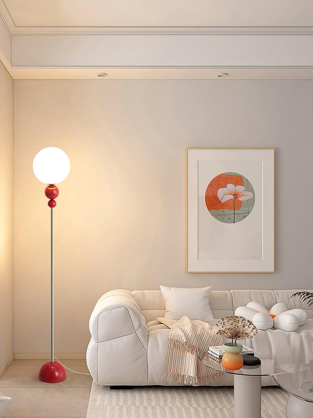 Contemporary floor lamp featuring metal and glass, perfect for home accent lighting.