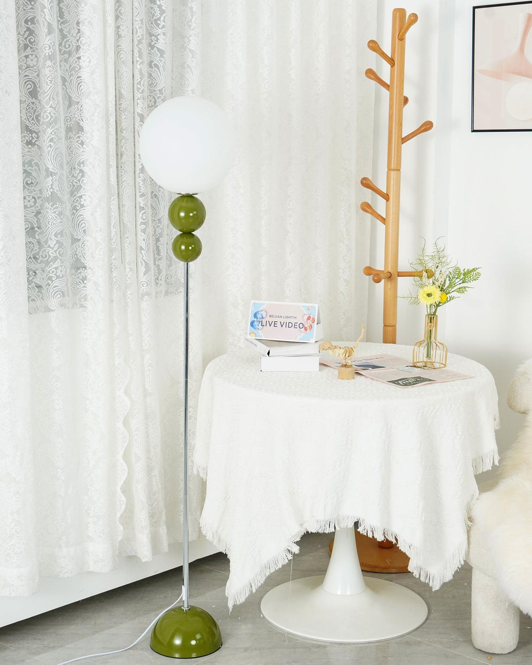 Milky white modern metal & glass floor lamp, sleek design for elegant living rooms.