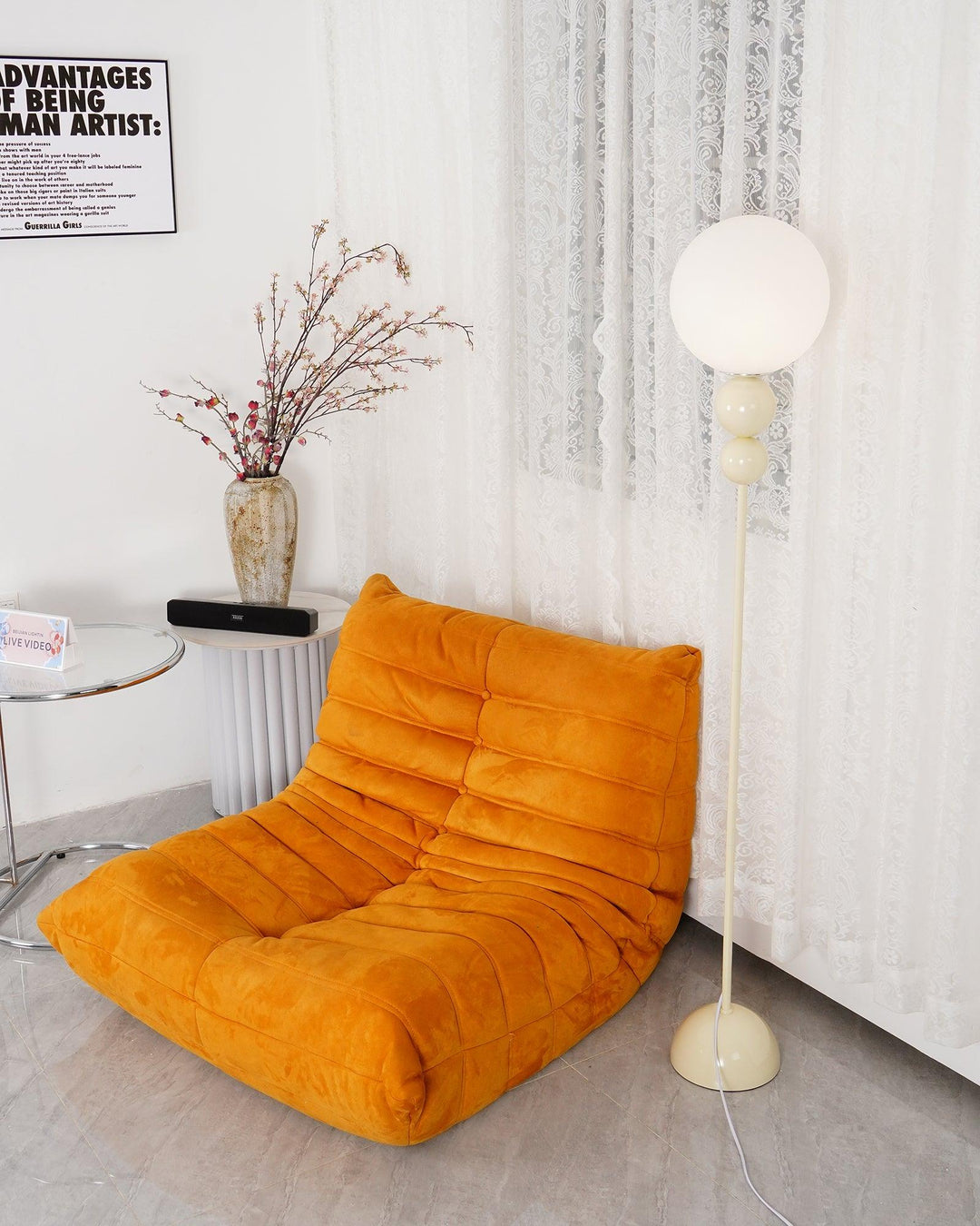 Ambient milky white metal & glass floor lamp, offering stylish lighting for contemporary spaces.