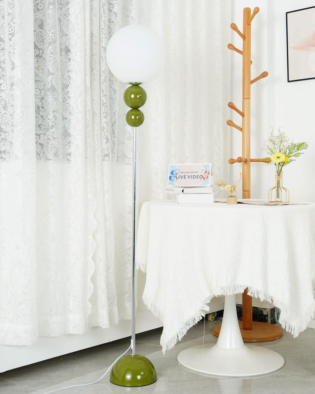 Elegant indoor milky white metal & glass floor lamp, ideal for modern bedroom ambiance.