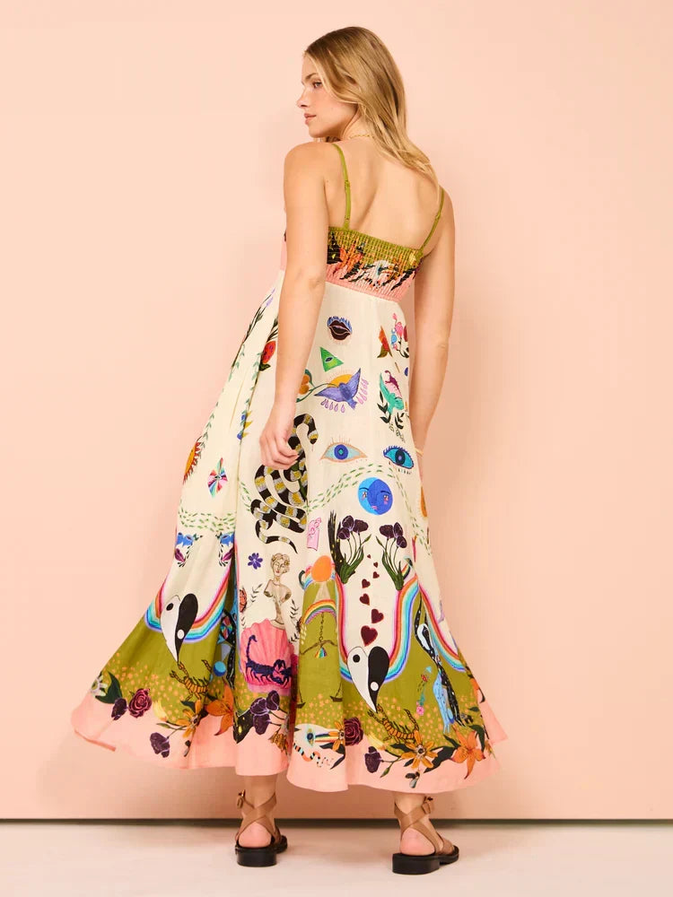 Elegant flowing spaghetti strap sundress for women, ideal beachwear and casual summer fashion.