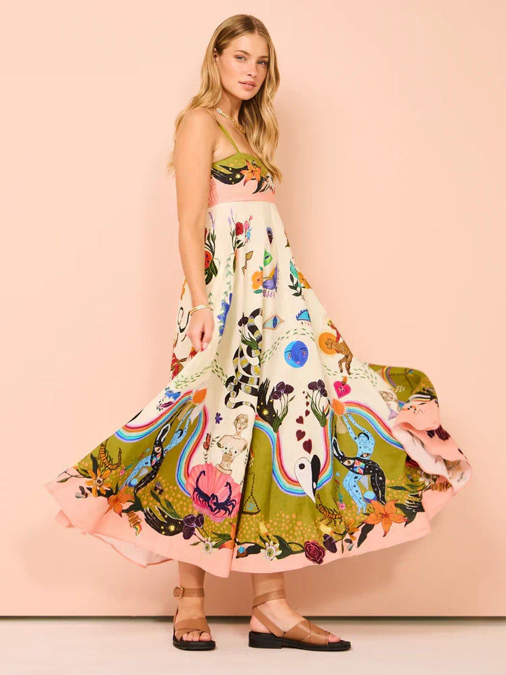 Boho maxi dress for women featuring a flowing design, spaghetti straps, and a vibrant multicolor pattern.