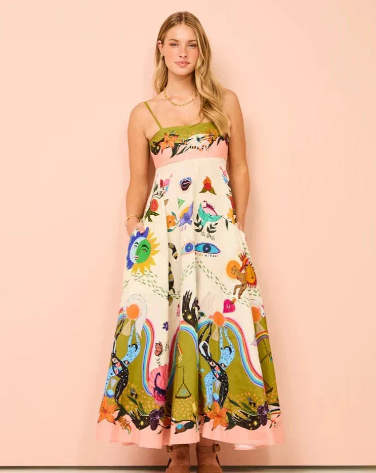 Women's multicolor boho maxi dress with flowing silhouette and spaghetti straps, perfect for summer vacation.