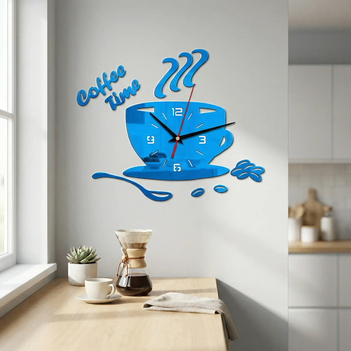 Decorative coffee cup wall clock, perfect for kitchen decor & coffee lovers. Unique cafe style home accent.
