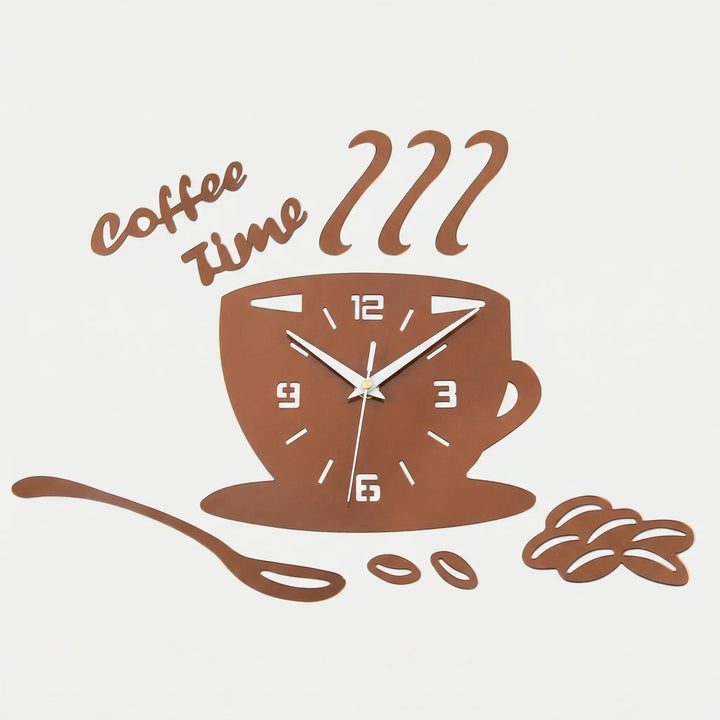 Mirrored decorative coffee cup wall clock. A unique home decor piece for kitchen or cafe aesthetics.