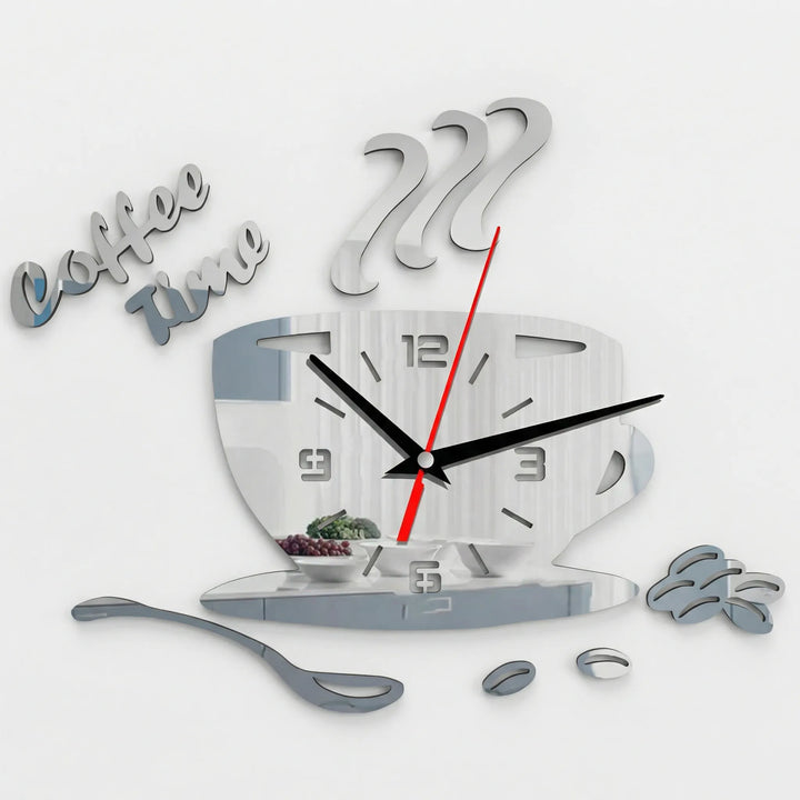 Stylish decorative coffee cup wall clock for kitchen & home decor. A unique mirrored cafe-style timepiece.