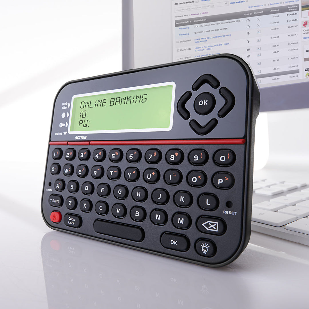 Compact digital password keeper vault for secure offline credential storage with pin access.