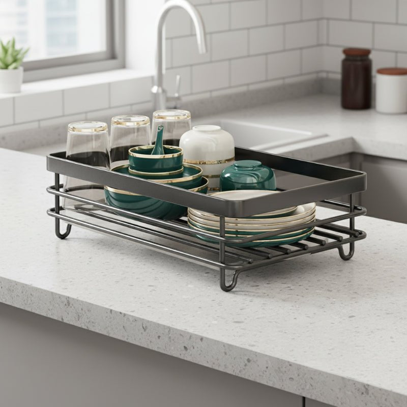 Space-saving foldable dish rack for kitchen countertops, stainless steel, perfect for drying dishes efficiently.