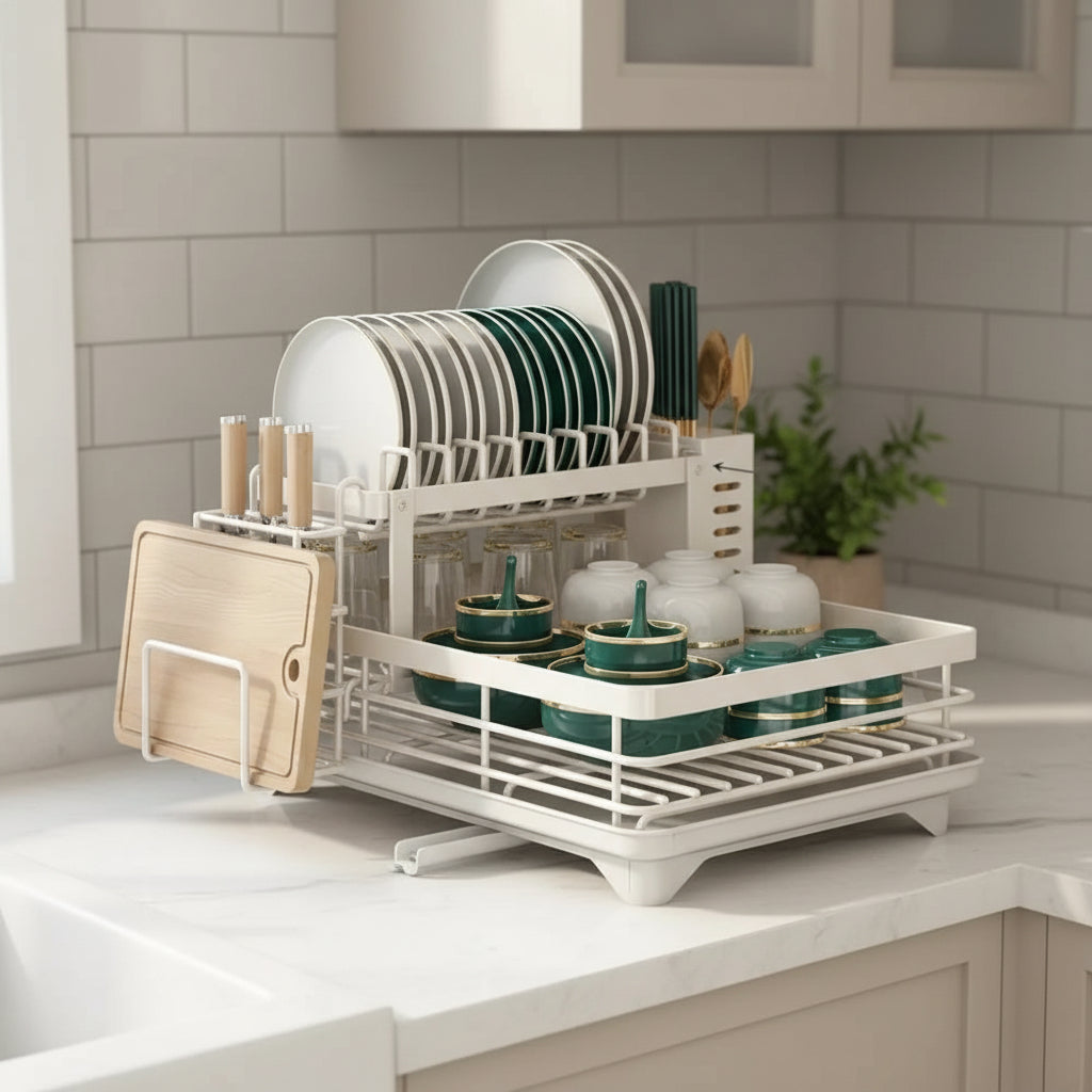 Compact foldable dish drying rack, stainless steel, ideal for small modern kitchens, maximizes countertop space.