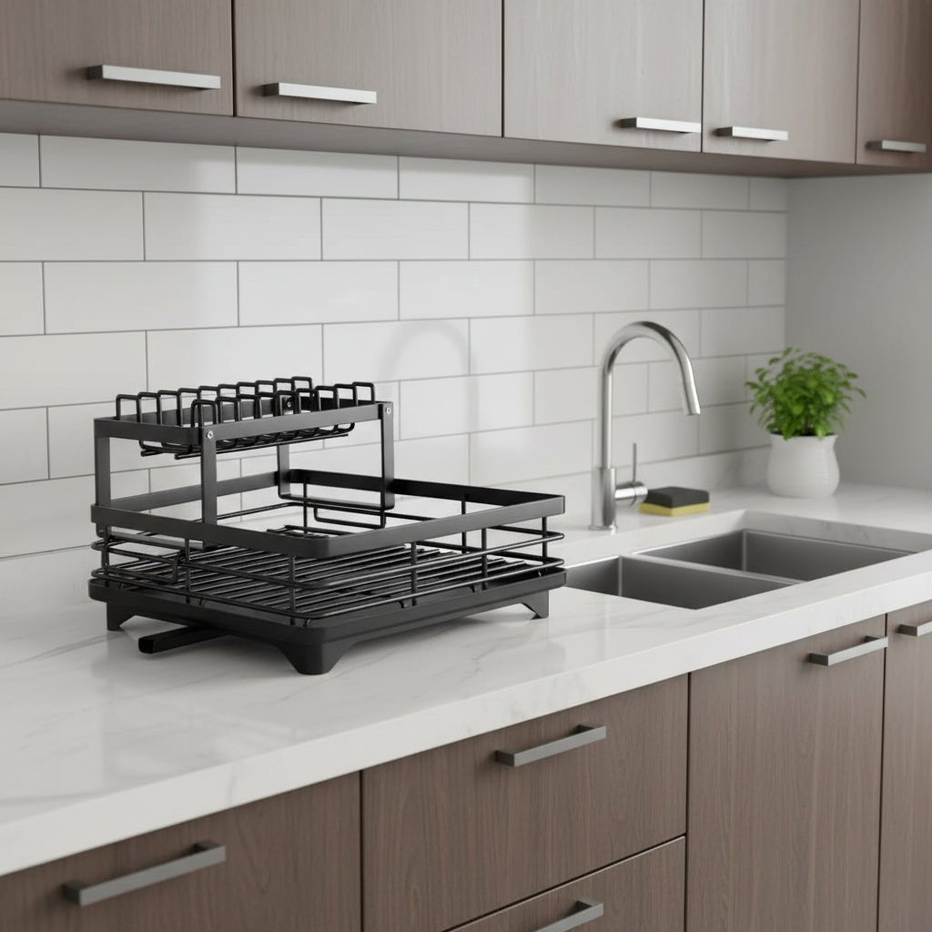 Efficient kitchen organization with this foldable dish drying rack, stainless steel, keeps countertops clutter-free.