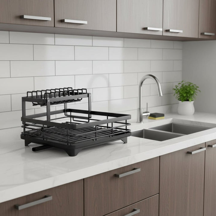 Efficient kitchen organization with this foldable dish drying rack, stainless steel, keeps countertops clutter-free.
