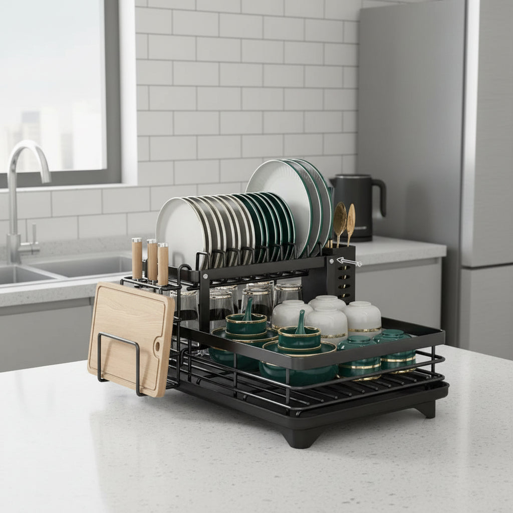 Modern kitchen foldable dish drying rack, stainless steel construction, offers stylish and practical space-saving storage.